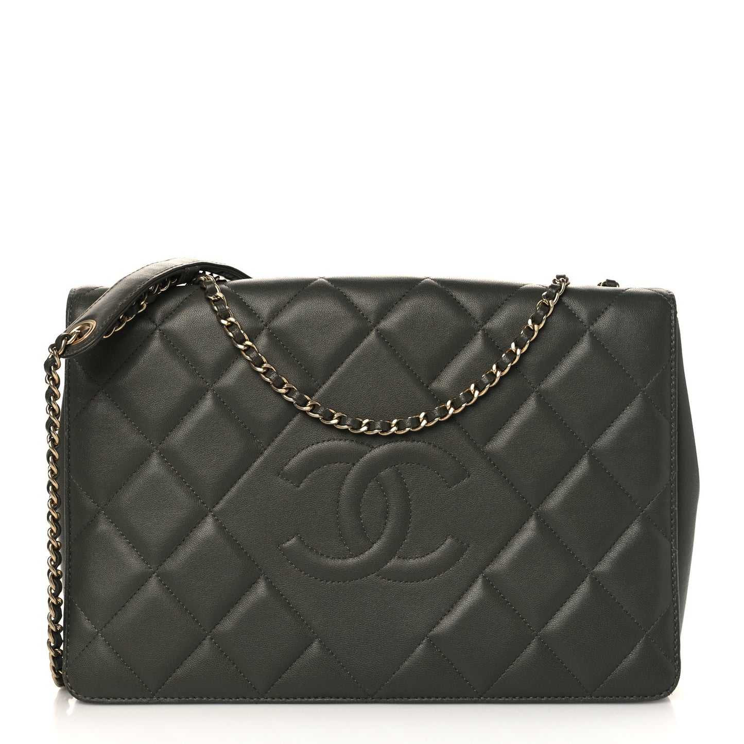 Lambskin Quilted Medium Diamond CC Flap Khaki