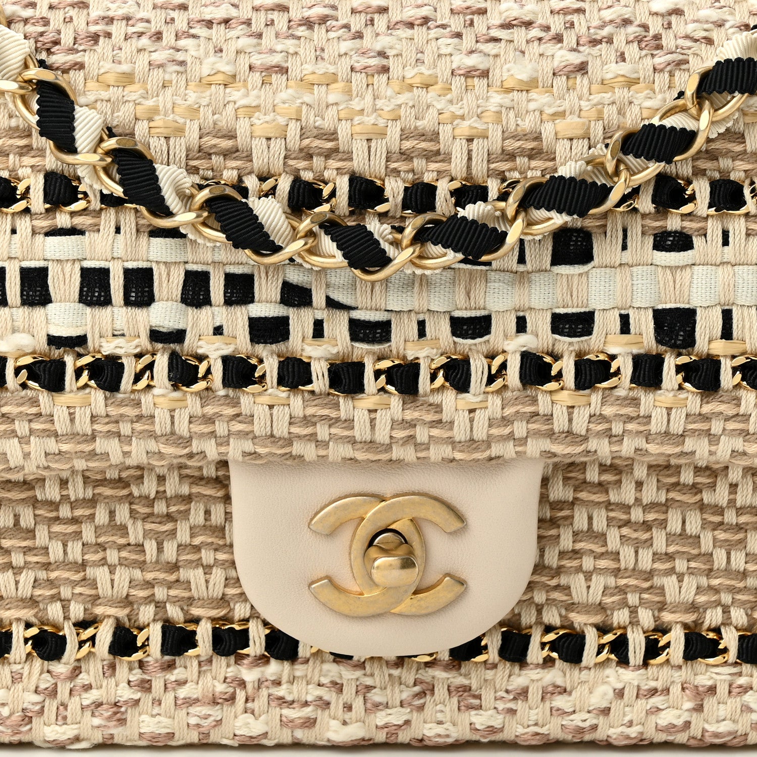 Chanel Cotton Raffia Lambskin Woven Medium Single Flap Beige Black 8 of 10