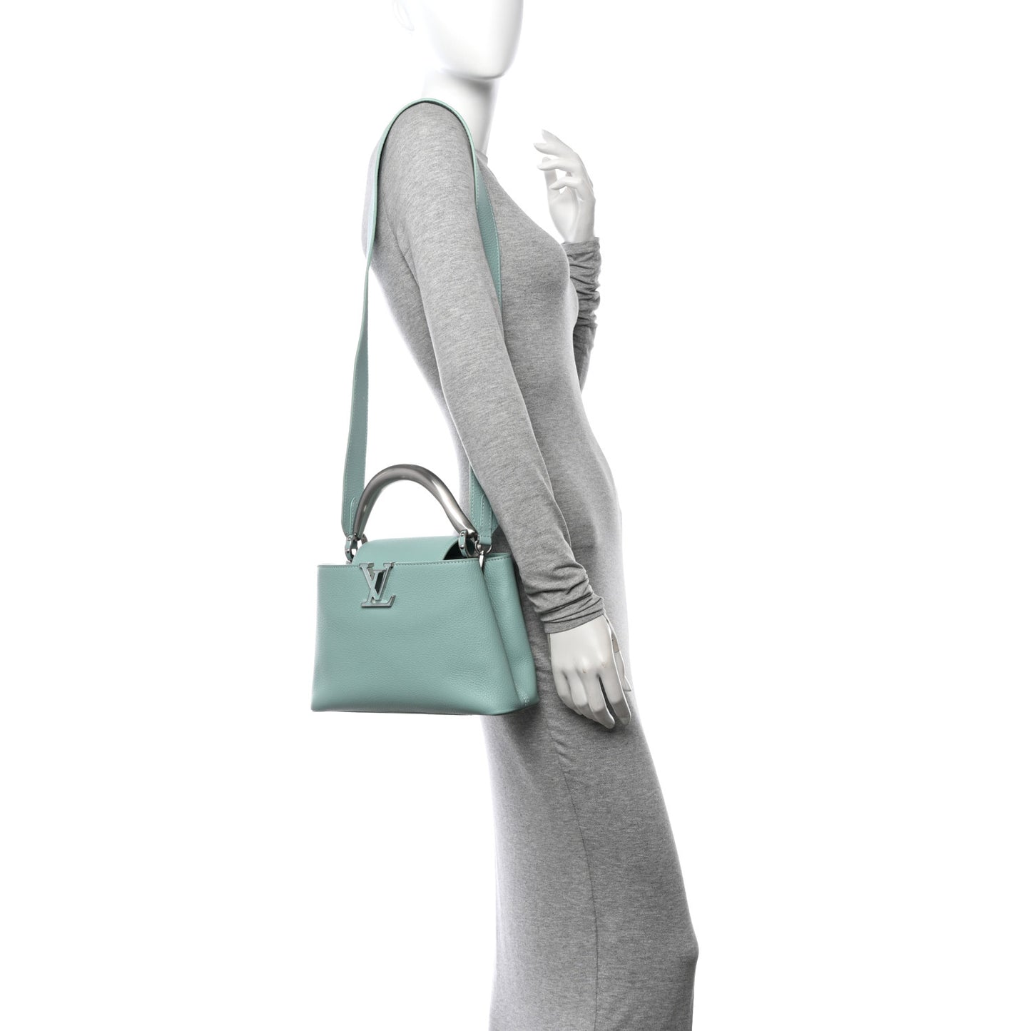 Taurillon Matte Brushed Metal Handle Capucines BB Light Blue