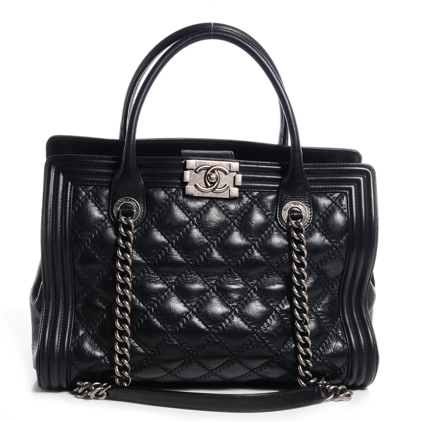 Calfskin Quilted Double Stitch Large Boy Tote Black