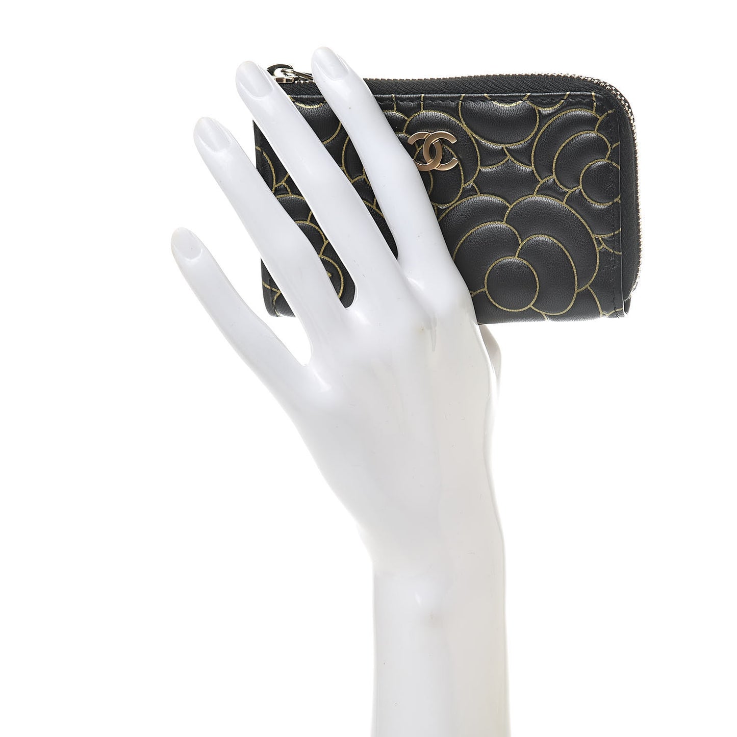 Lambskin Camellia Embossed Key Holder Case Black Gold