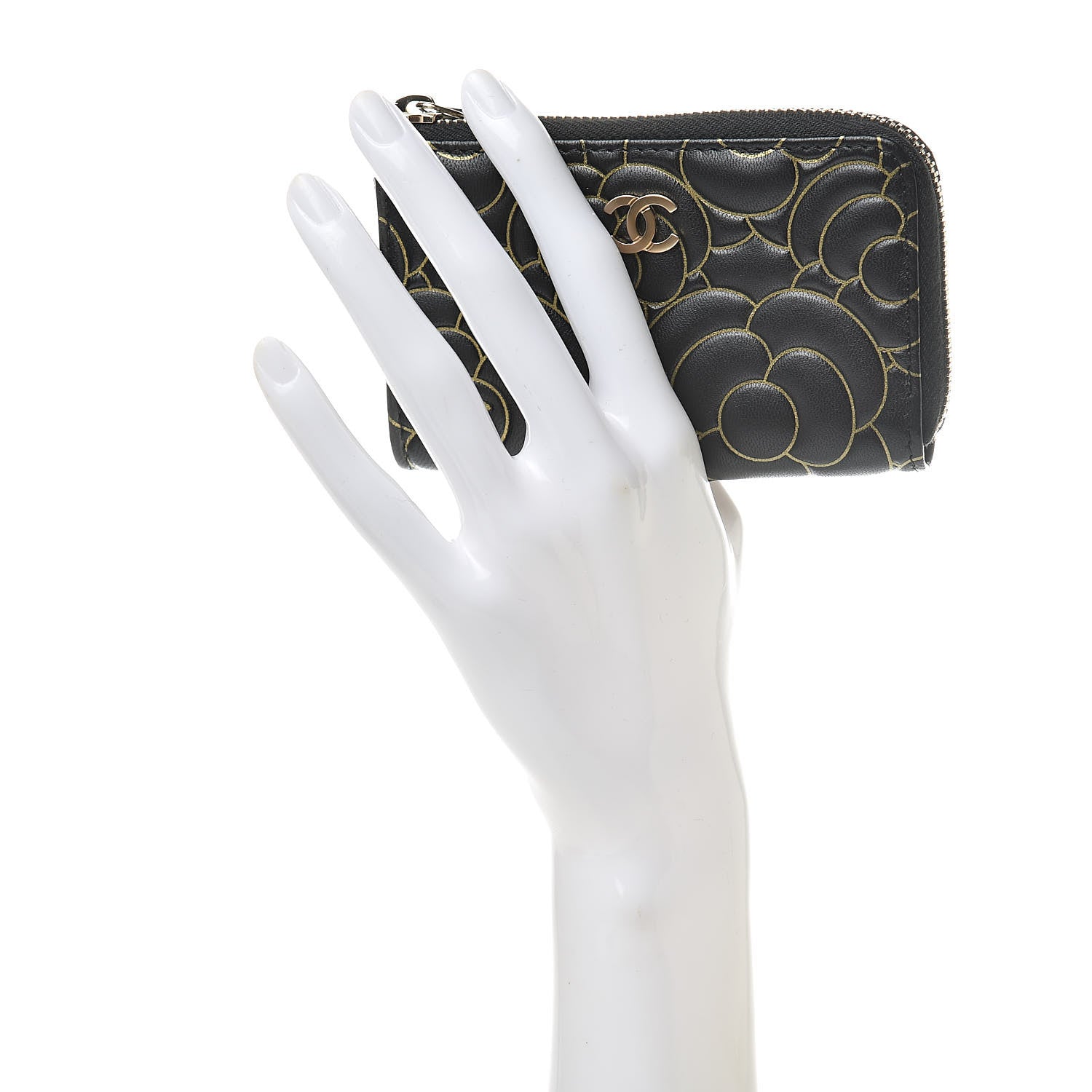 Chanel Lambskin Camellia Embossed Key Holder Case Black Gold 2 of 8