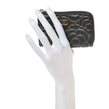 Chanel Lambskin Camellia Embossed Key Holder Case Black Gold 2 of 8