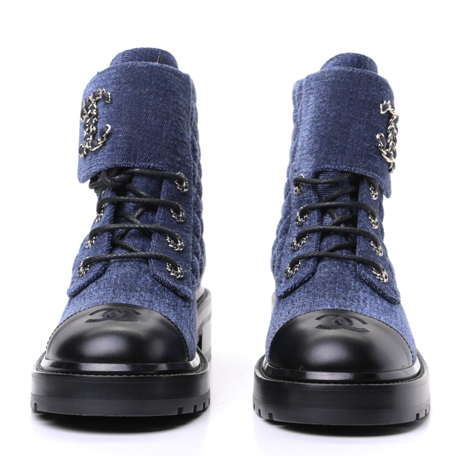 Chanel Denim Calfskin Quilted Lace Up Combat Boots 39 Blue 2 of 4