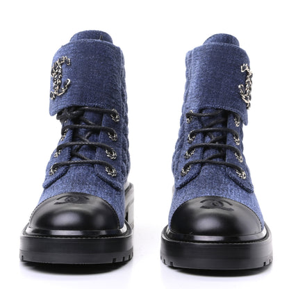 Chanel Denim Calfskin Quilted Lace Up Combat Boots 39 Blue 2 of 4