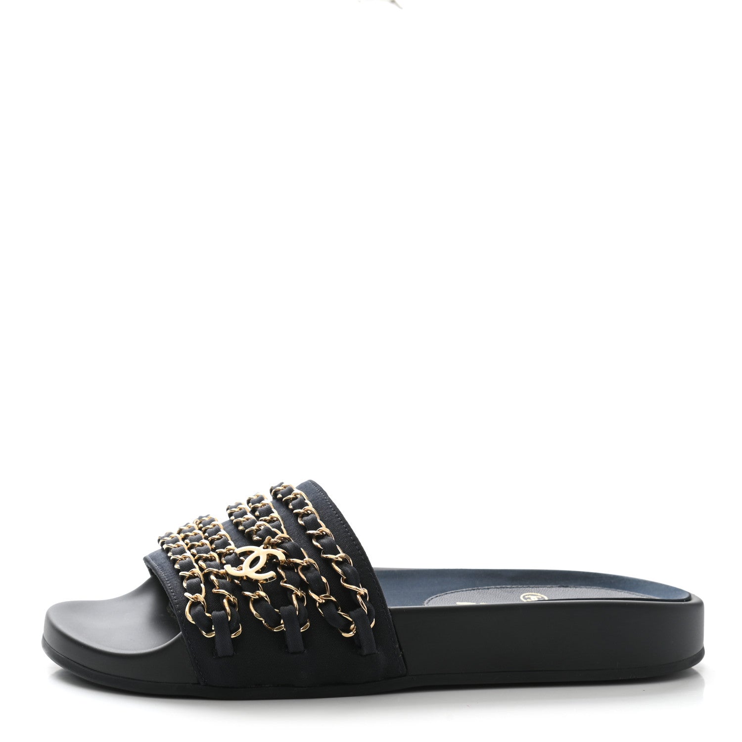 Chanel Satin Canvas Chain Slides Sandals Flats 35 Marine 1 of 8
