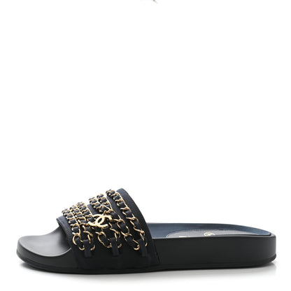 Chanel Satin Canvas Chain Slides Sandals Flats 35 Marine 1 of 8