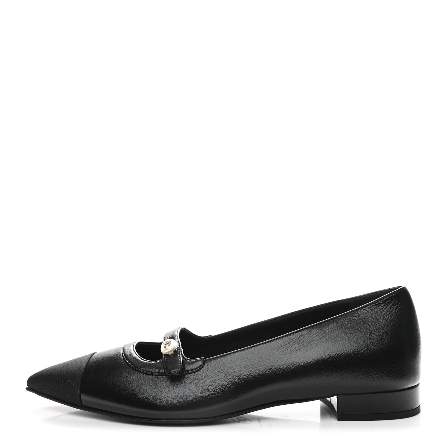 Shiny Lambskin Grosgrain Pearl Mary Jane Flats 40 Black