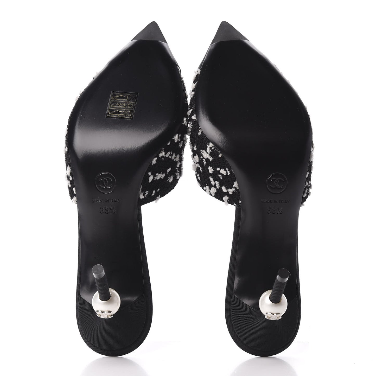Tweed Grosgrain Pearl Mules 38.5 Black White