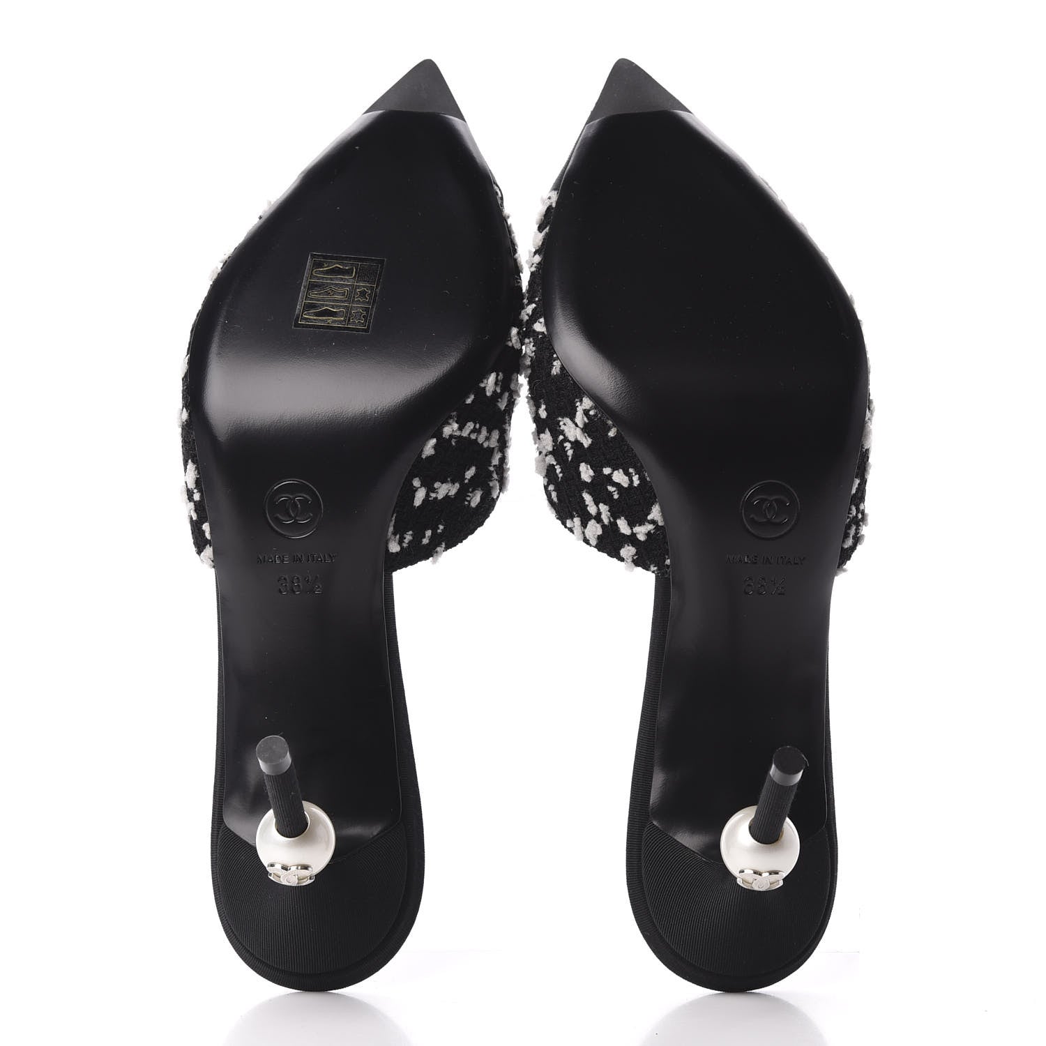 Chanel Tweed Grosgrain Pearl Mules 38.5 Black White 5 of 9