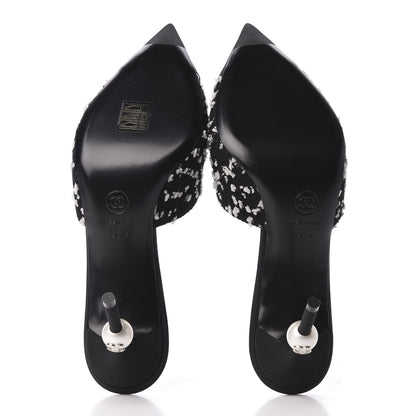Chanel Tweed Grosgrain Pearl Mules 38.5 Black White 5 of 9