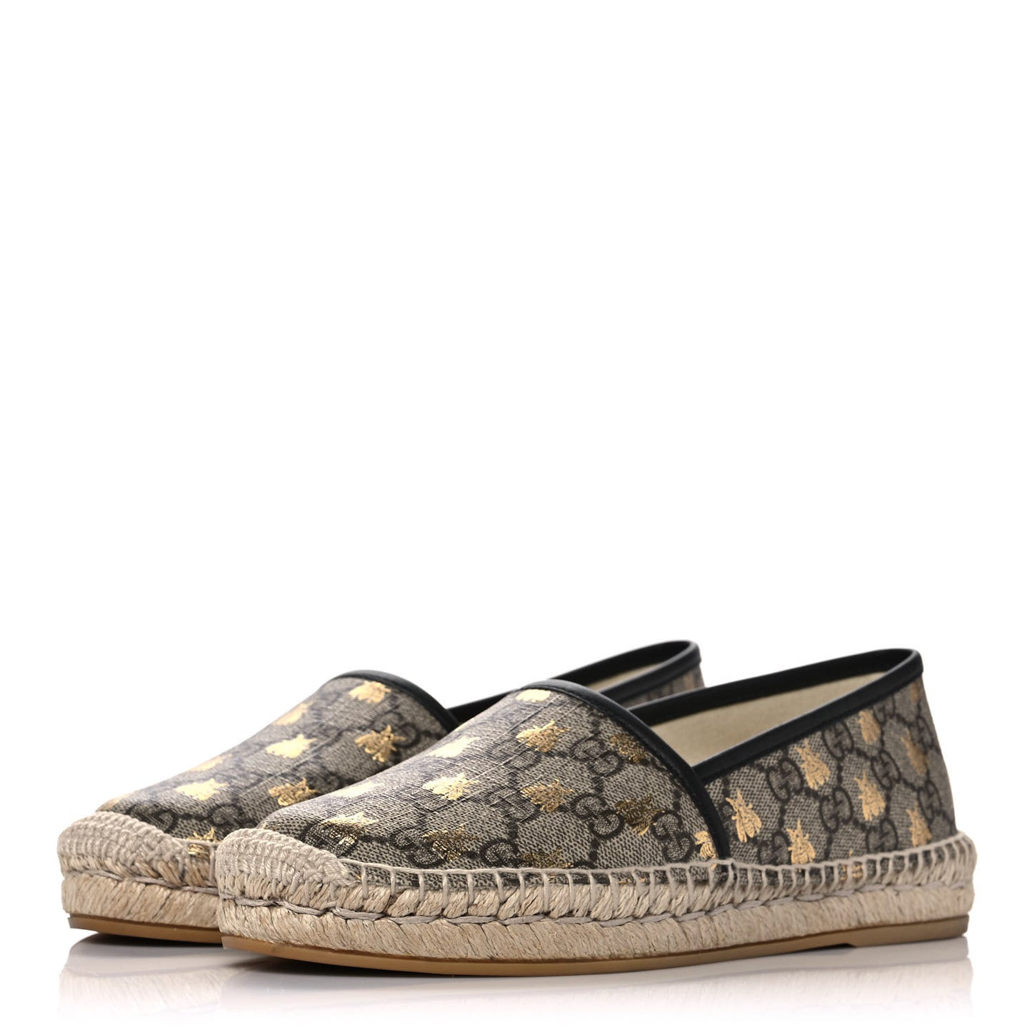 GG Supreme Monogram Bees Espadrille Flats 37.5 Beige Ebony Oro Black