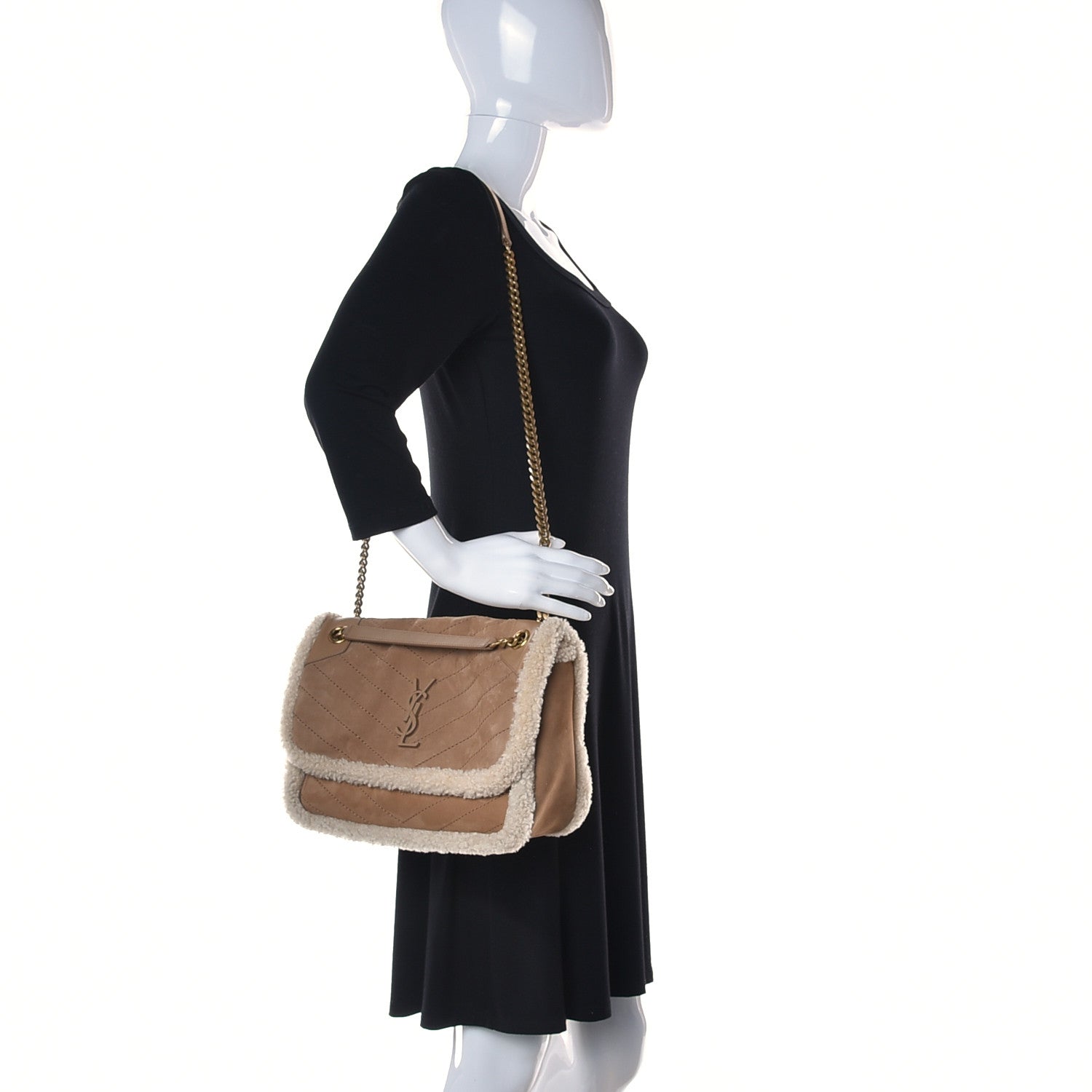Saint Laurent Nubuck Shearling Monogram Medium Niki Chain Satchel Ivory Natural Tan 2 of 16