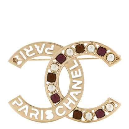 Chanel Crystal Pearl Glass CC Logo Brooch Gold Pink Orange 1 of 4