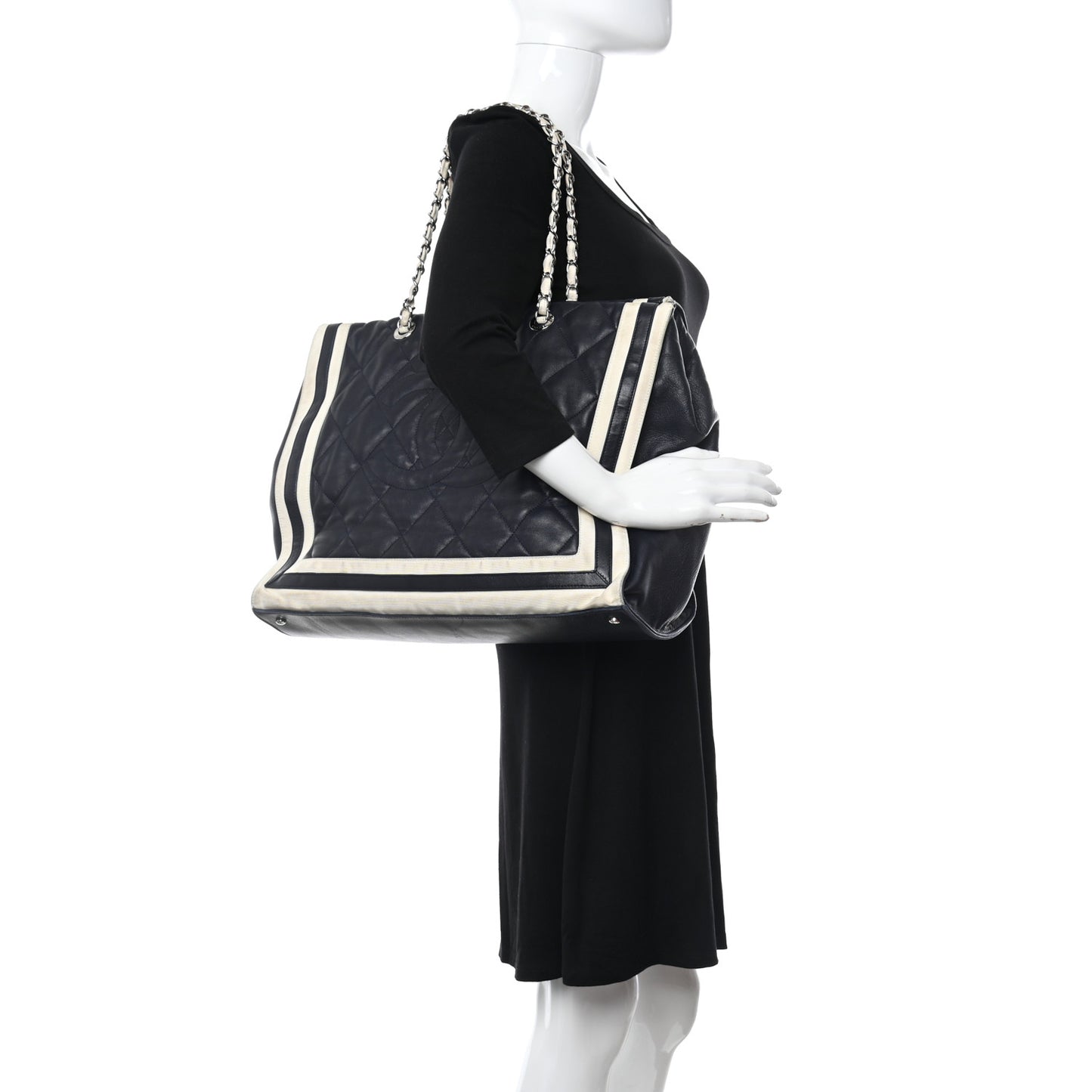 Lambskin Quilted Lido Shopping Tote Dark Navy Blue