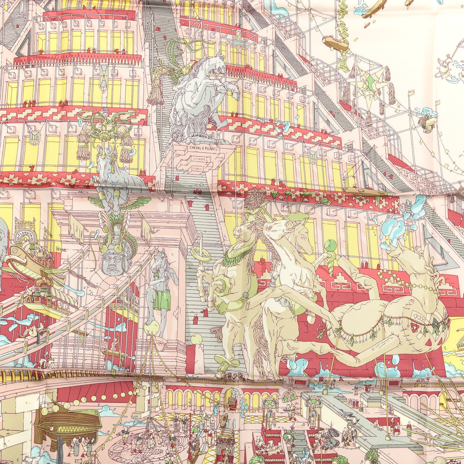 Hermes Silk La Legende Du Cheval A Plumes Scarf 90 Rose Pale Jaune Vif Turquoise 2 of 5