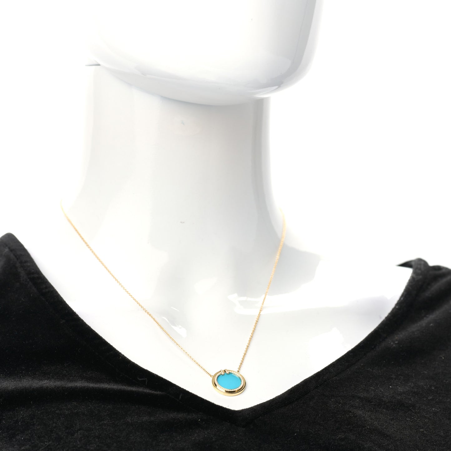 18K Yellow Gold Diamond Turquoise T Circle Pendant Necklace