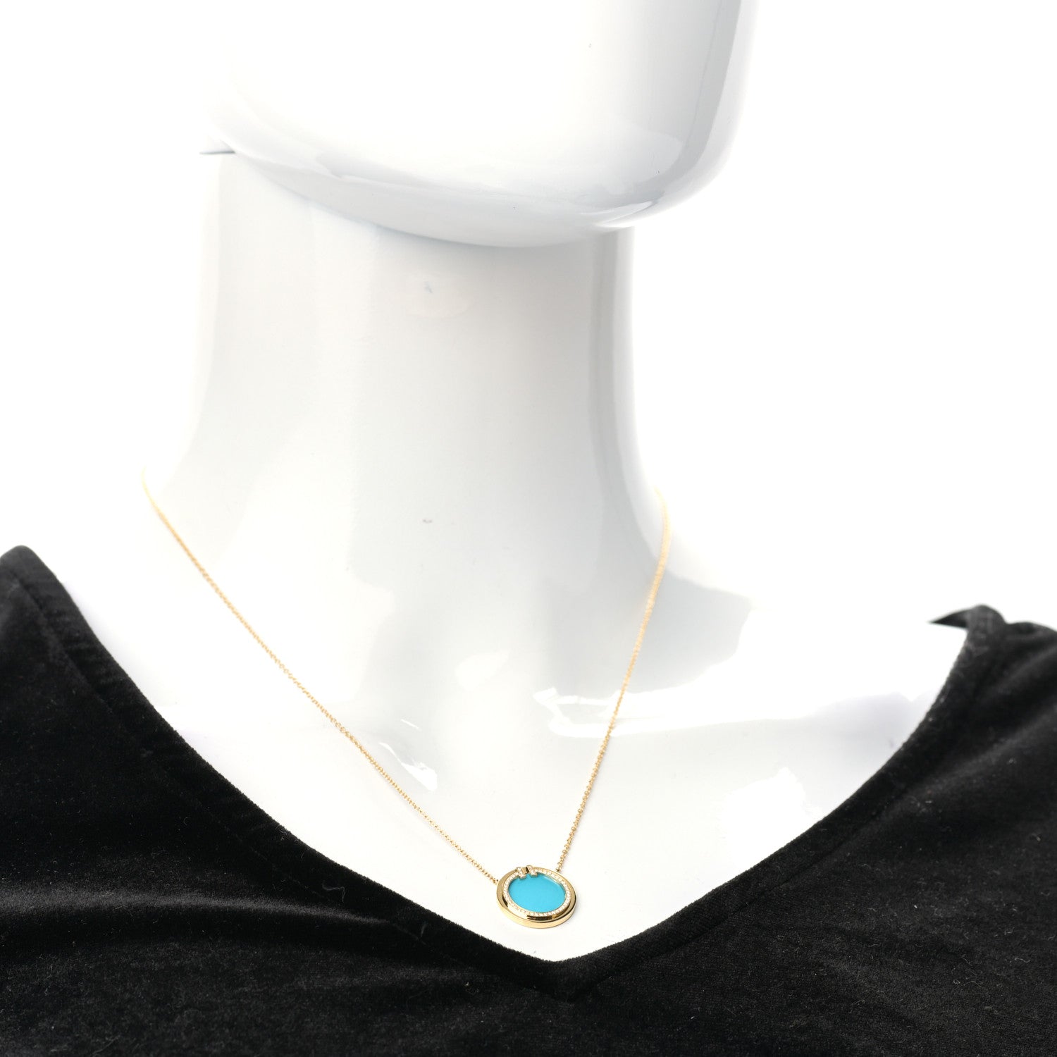 Tiffany 18K Yellow Gold Diamond Turquoise T Circle Pendant Necklace 2 of 7