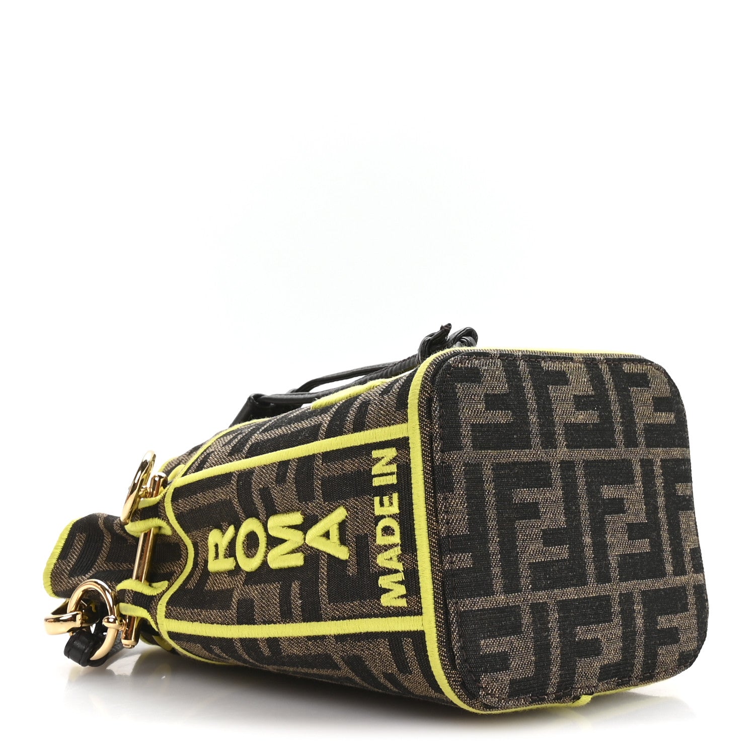 Fendi Fabric Jacquard Shiny Nappa FF 1974 Logo Threaded Edge Mini Mon Tresor Bucket Bag Tobacco Moro Giallo Fluo 4 of 9