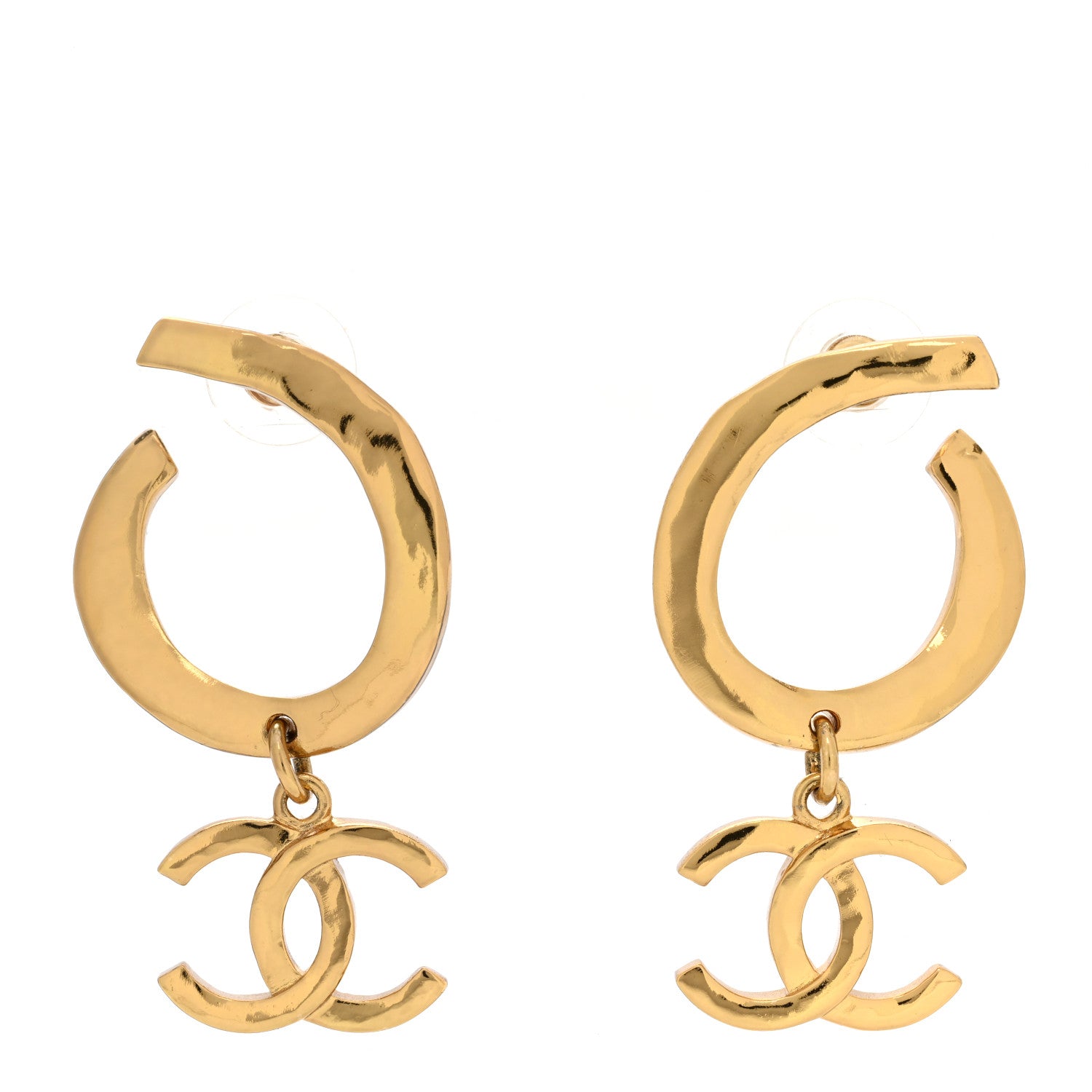 Chanel Metal Textured Hoop Drop CC Earrings Gold 1 of 4