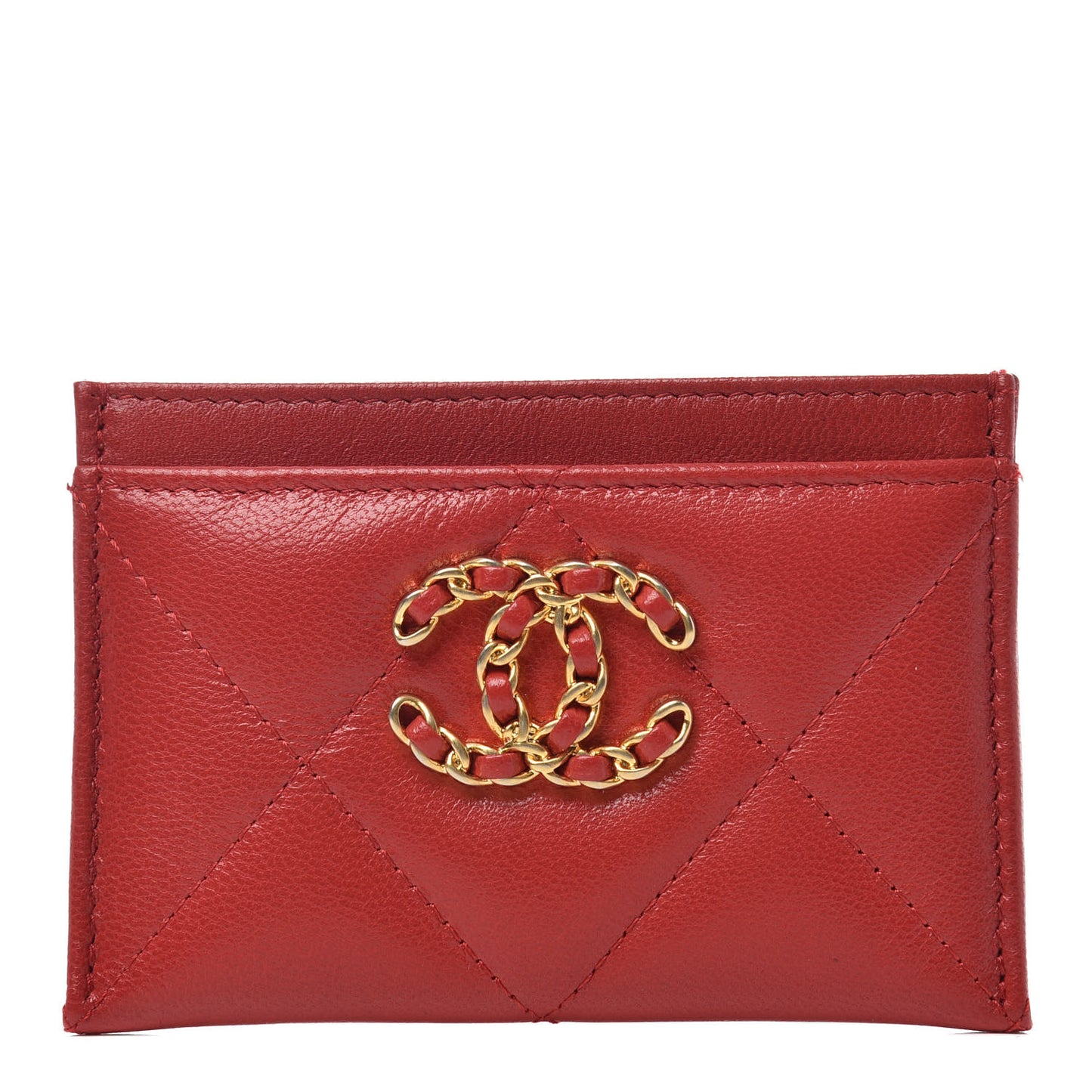 Goatskin Quilted Chanel 19 Card Holder Red