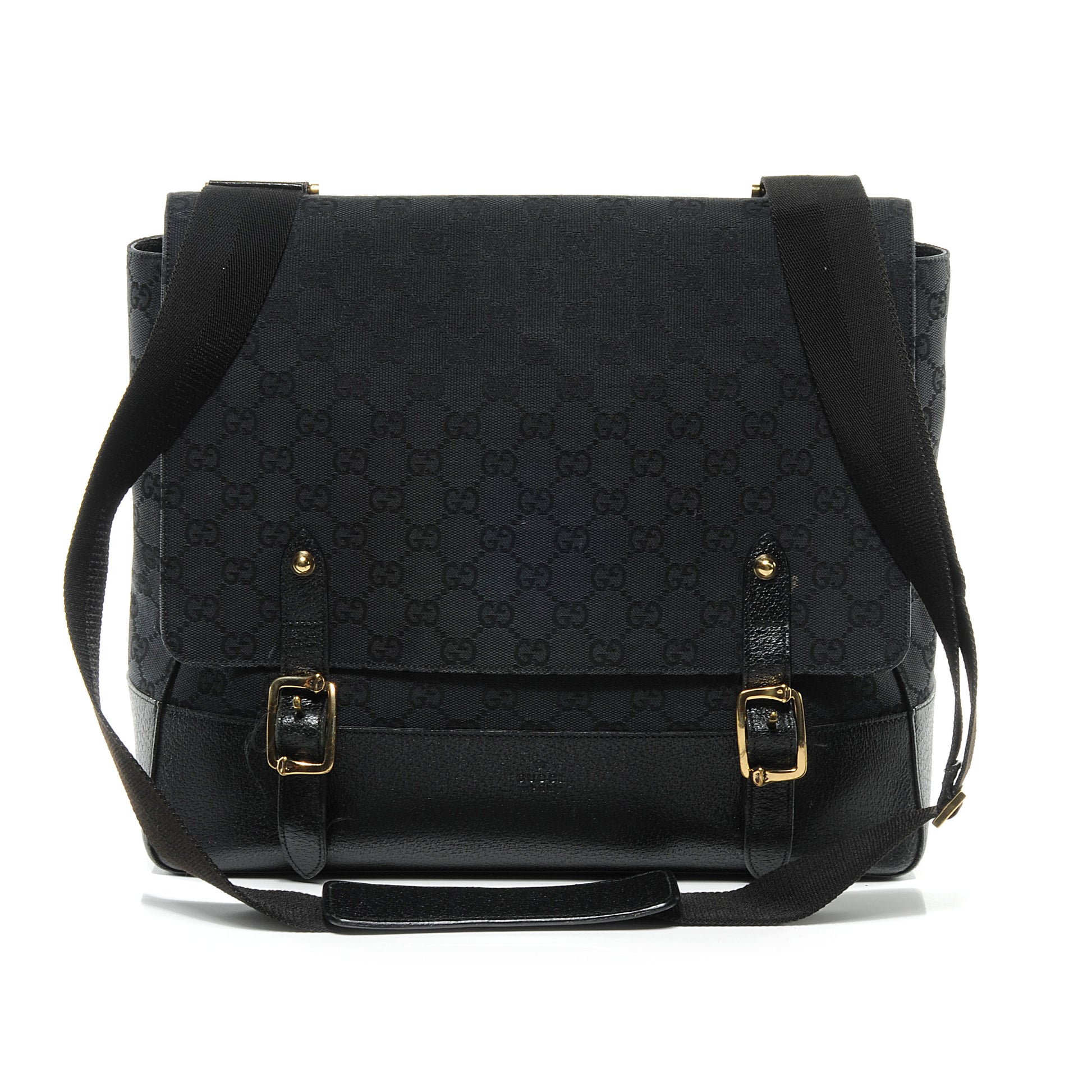 Gucci Monogram Calfskin Double Buckle Flap Messenger Bag Black 1 of 8