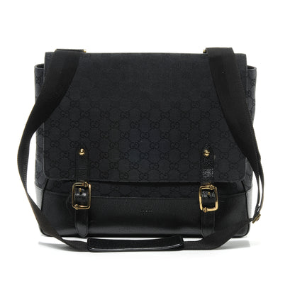 Gucci Monogram Calfskin Double Buckle Flap Messenger Bag Black 1 of 8