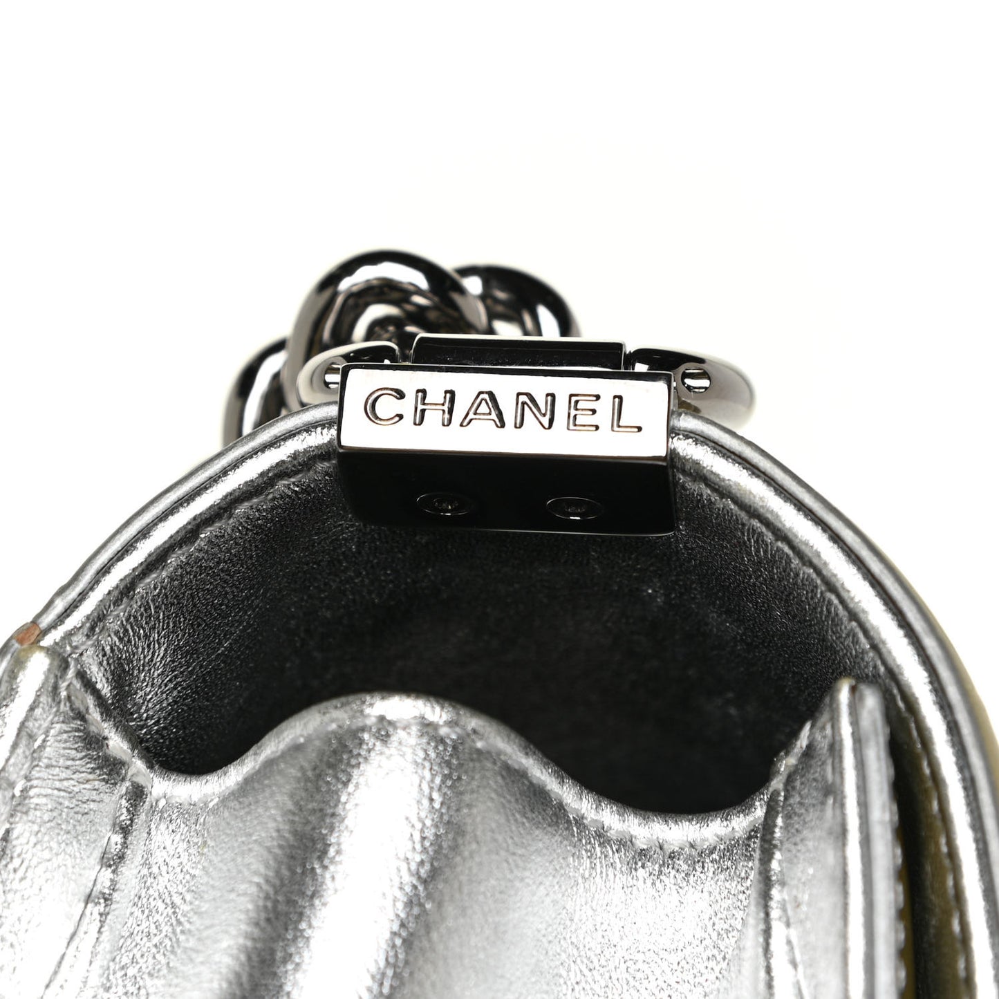 Metallic Patent Calfskin Quilted Medium Boy Flap Silver