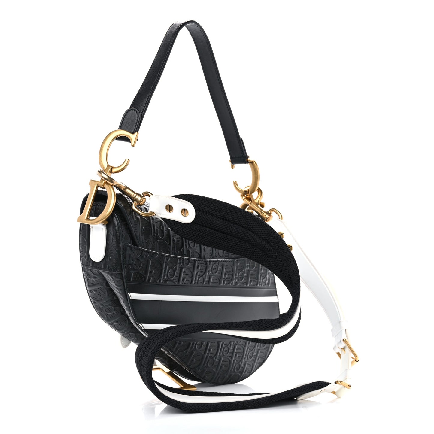 Calfskin Embossed Oblique Vibe Saddle Bag With Strap Black White