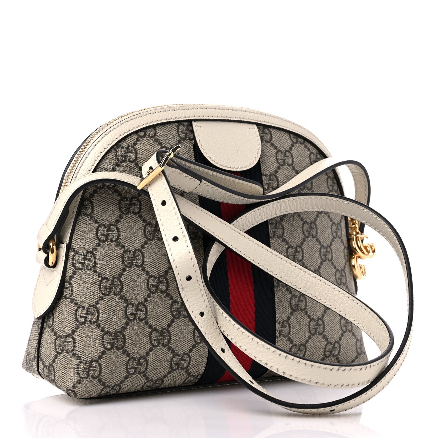 GG Supreme Monogram Textured Dollar Calfskin Web Small Ophidia Dome Shoulder Bag Beige Ebony Mystic White