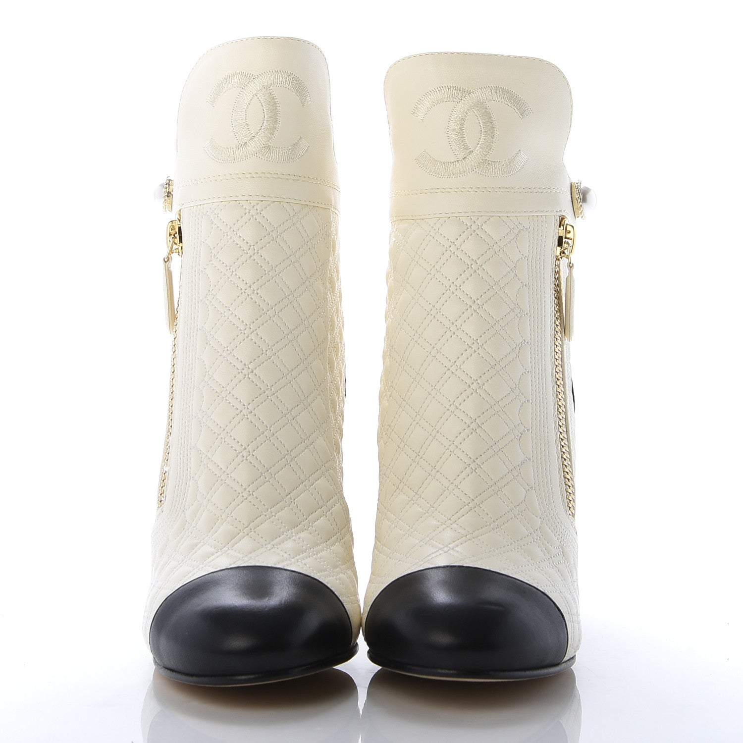 Chanel Lambskin Quilted Pearl CC Cap Toe Short Boot 40 Black Ivory 2 of 9