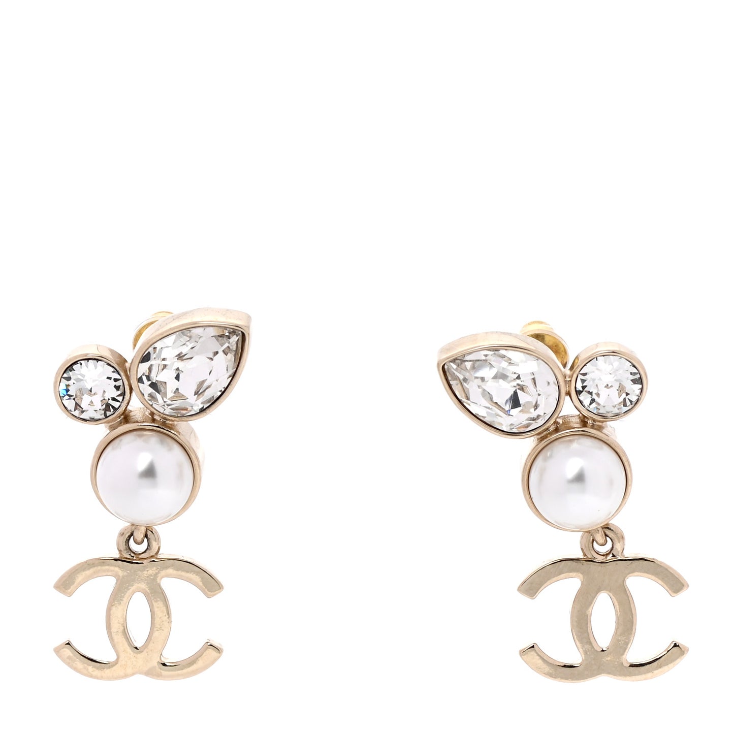 Pearl Crystal CC Drop Earrings Gold