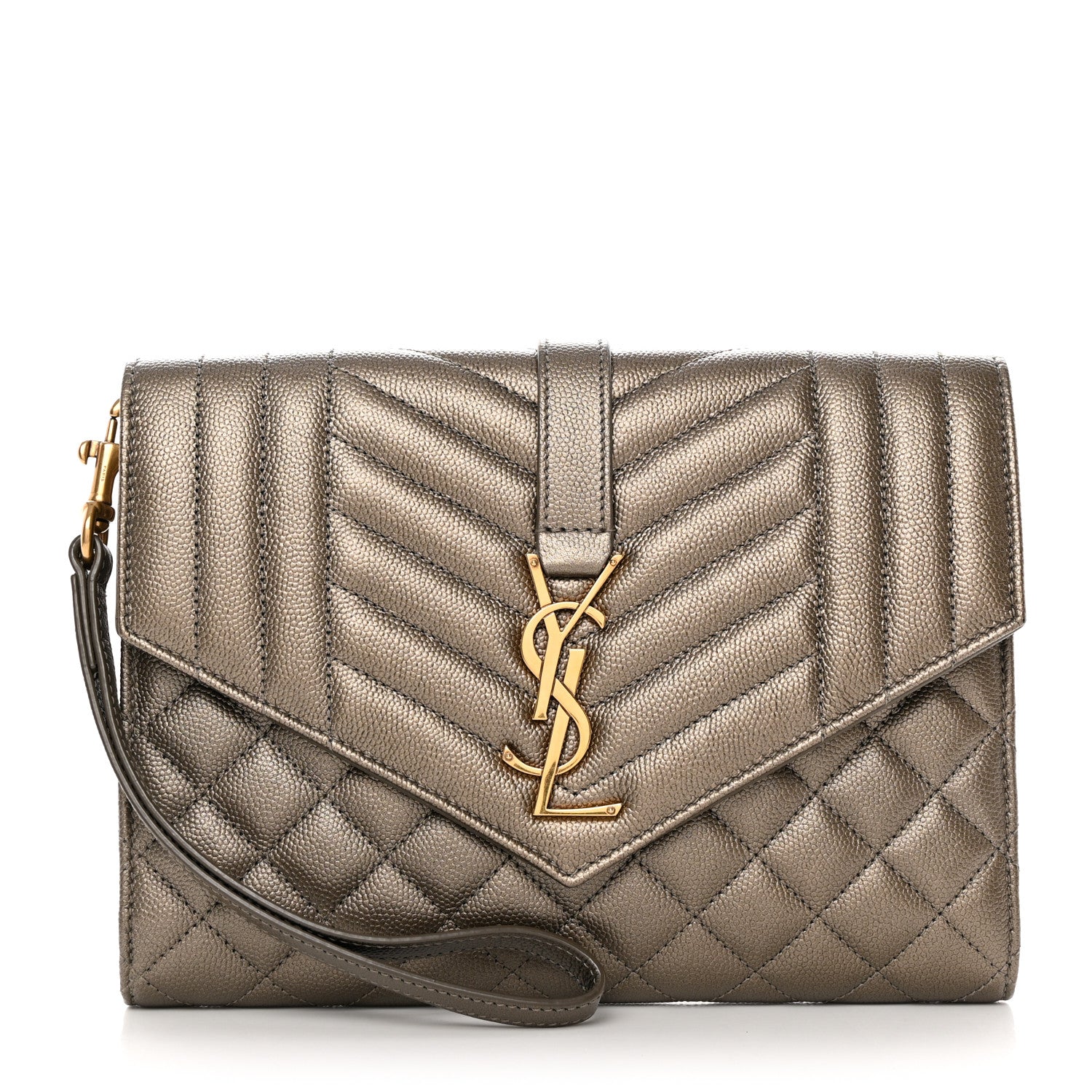 Saint Laurent Grain De Poudre Textured Mixed Matelasse Triquilt Monogram Clutch Piombo 1 of 8