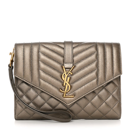Saint Laurent Grain De Poudre Textured Mixed Matelasse Triquilt Monogram Clutch Piombo 1 of 8