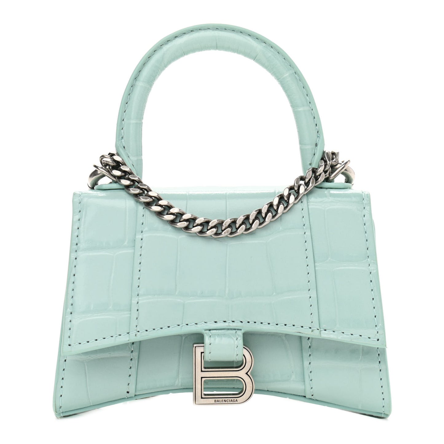 Shiny Calfskin Crocodile Embossed Hourglass Top Handle Bag Mini with Chain Green Acqua