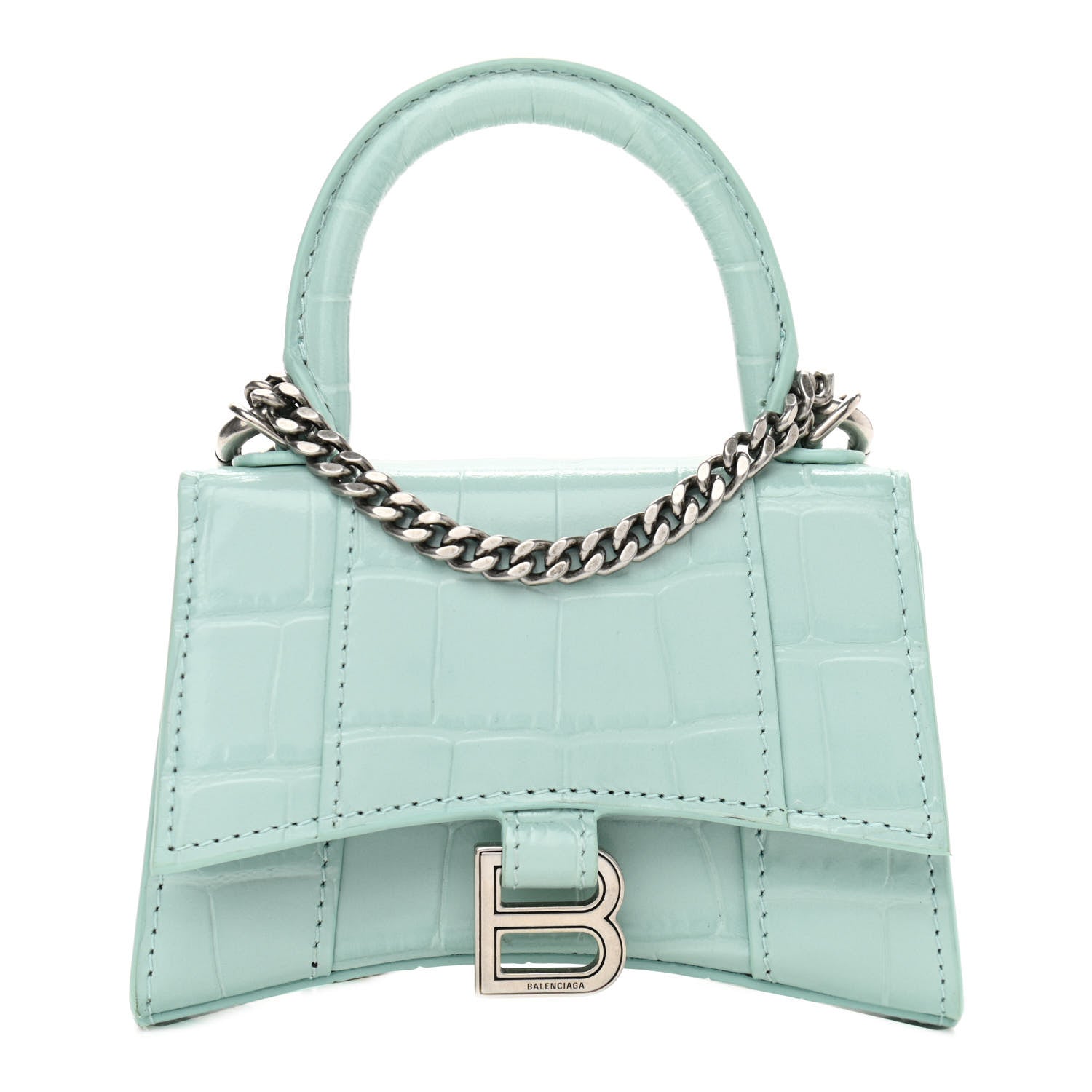 Balenciaga Shiny Calfskin Crocodile Embossed Hourglass Top Handle Bag Mini with Chain Green Acqua 1 of 10