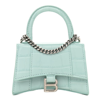 Balenciaga Shiny Calfskin Crocodile Embossed Hourglass Top Handle Bag Mini with Chain Green Acqua 1 of 10