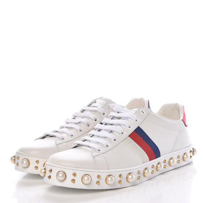 Gucci Calfskin Ayers Web Pearl Studded Womens Ace Sneakers 40.5 White 3 of 9