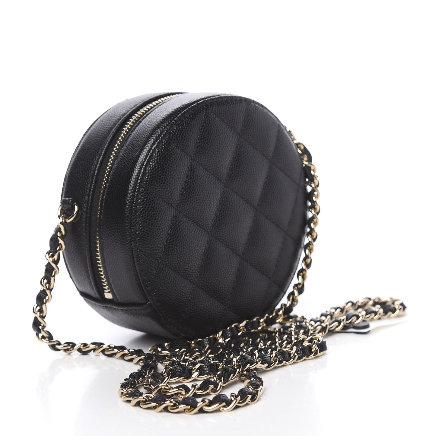 Caviar Quilted Round Clutch With Chain Black