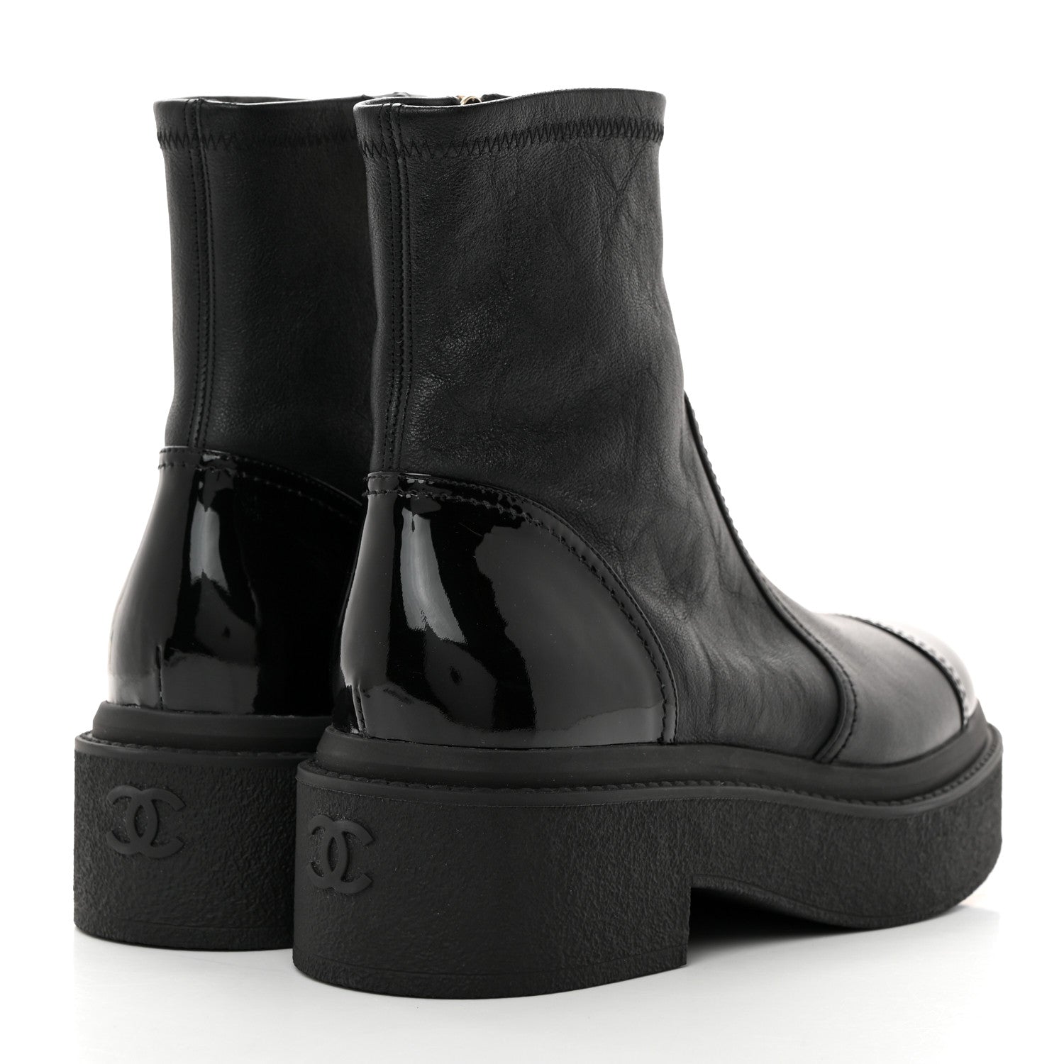 Chanel Grained Calfskin Patent Cap Toe CC Platform Ankle Boots 37.5 Black 4 of 8