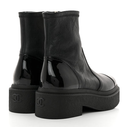 Chanel Grained Calfskin Patent Cap Toe CC Platform Ankle Boots 37.5 Black 4 of 8