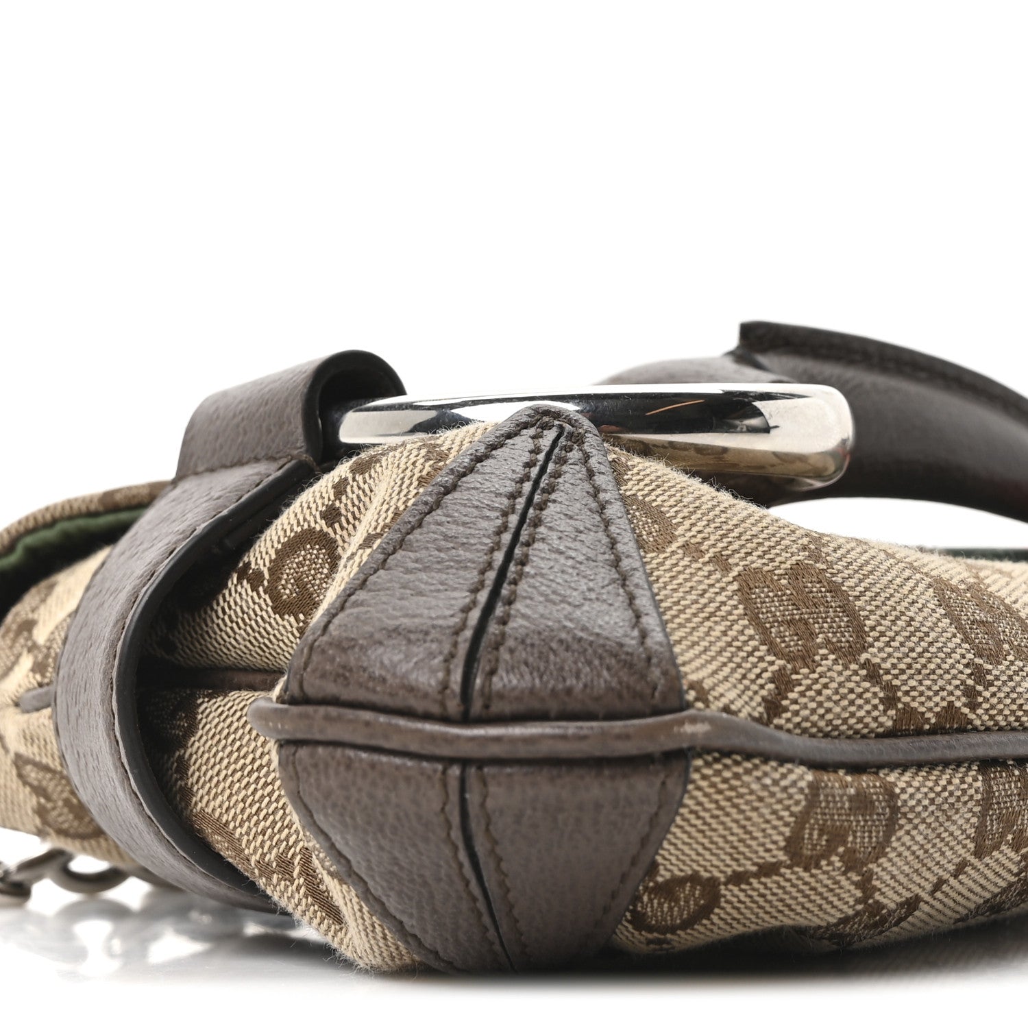 Gucci Monogram Textured Dollar Calfskin Heavy Grosgrain Web Medium Maxi Horsebit Chain Shoulder Bag Beige Ebony New Acero 9 of 11