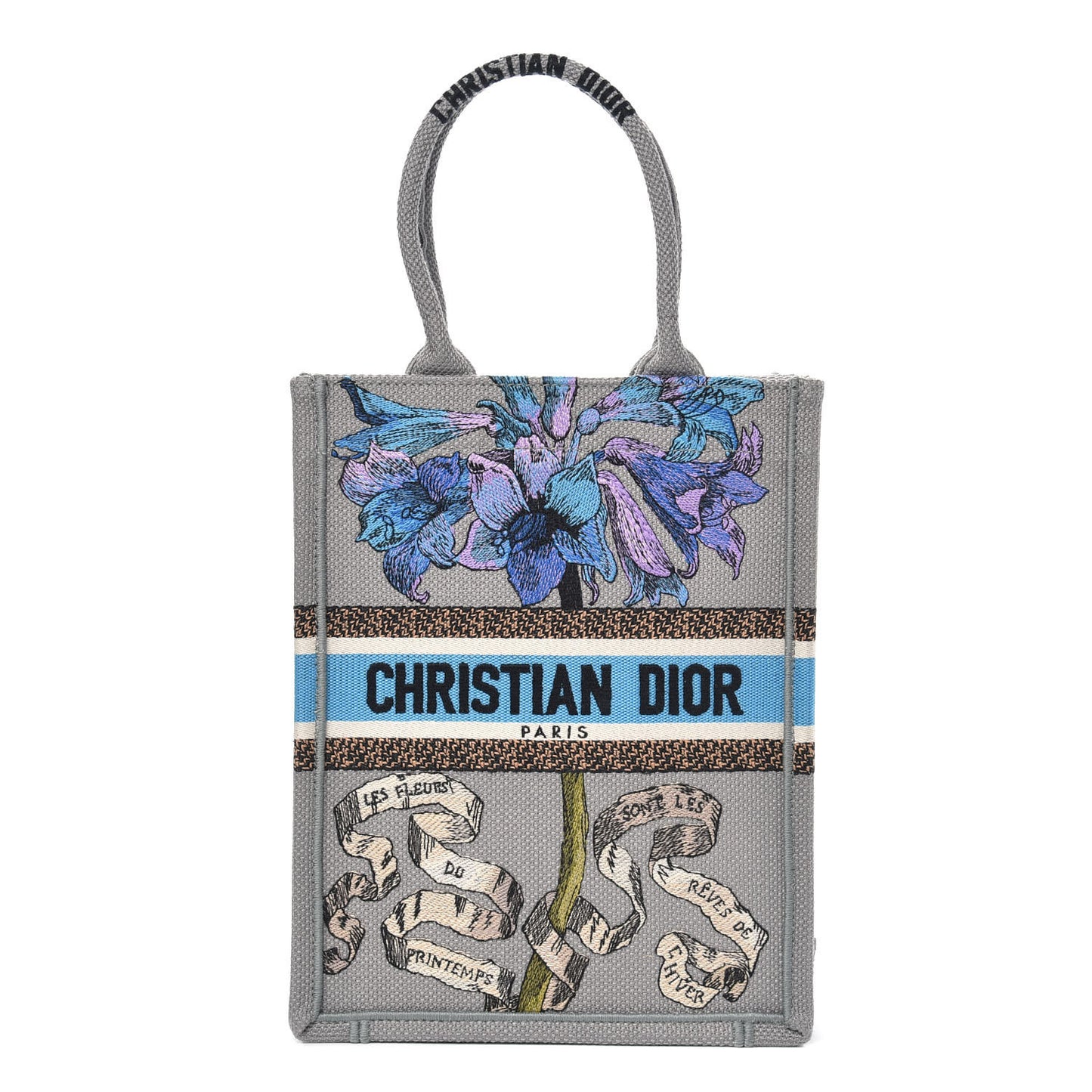 Canvas Embroidered Vertical Fleurs Bibliques Book Tote Grey Multicolor