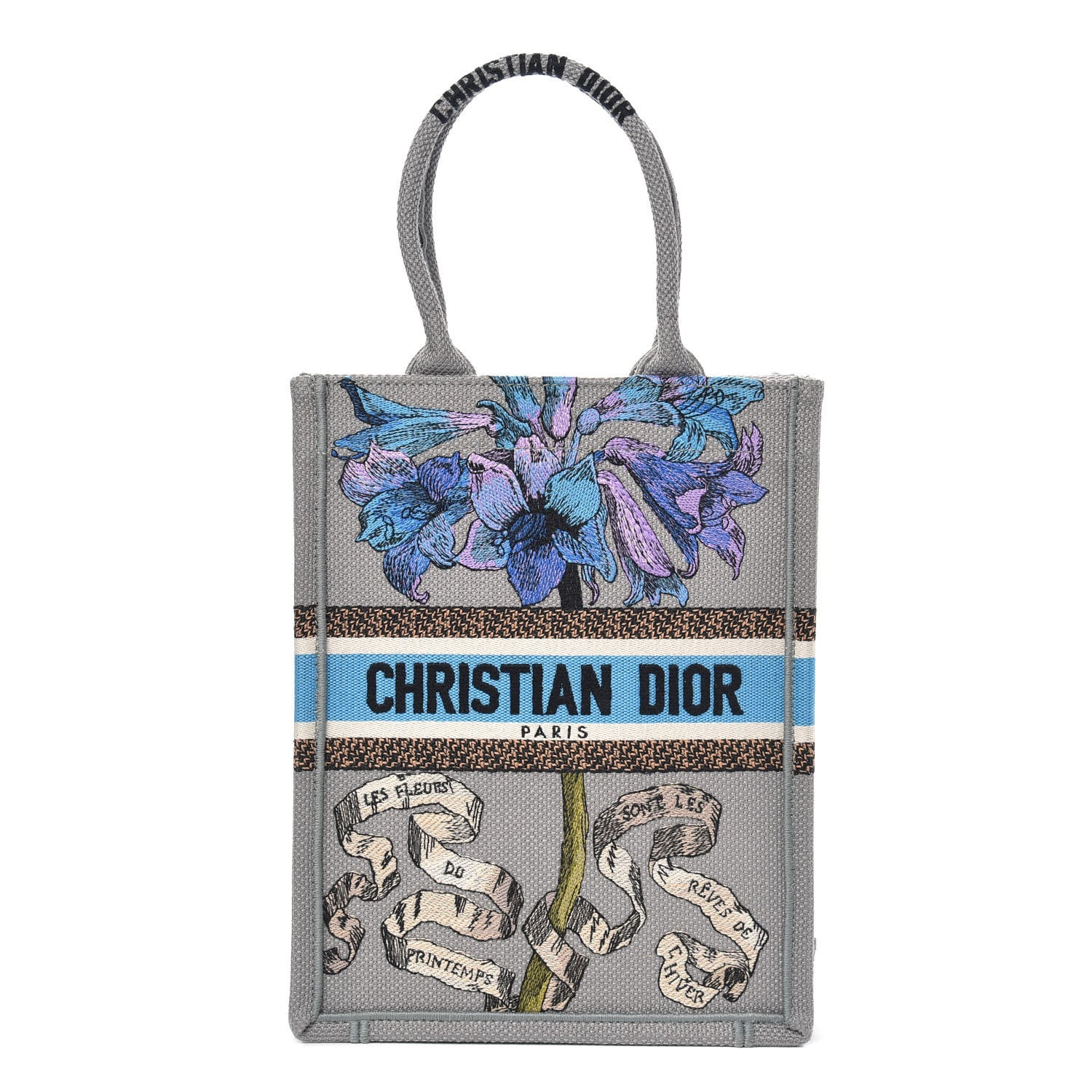 Christian Dior Canvas Embroidered Vertical Fleurs Bibliques Book Tote Grey Multicolor 1 of 10