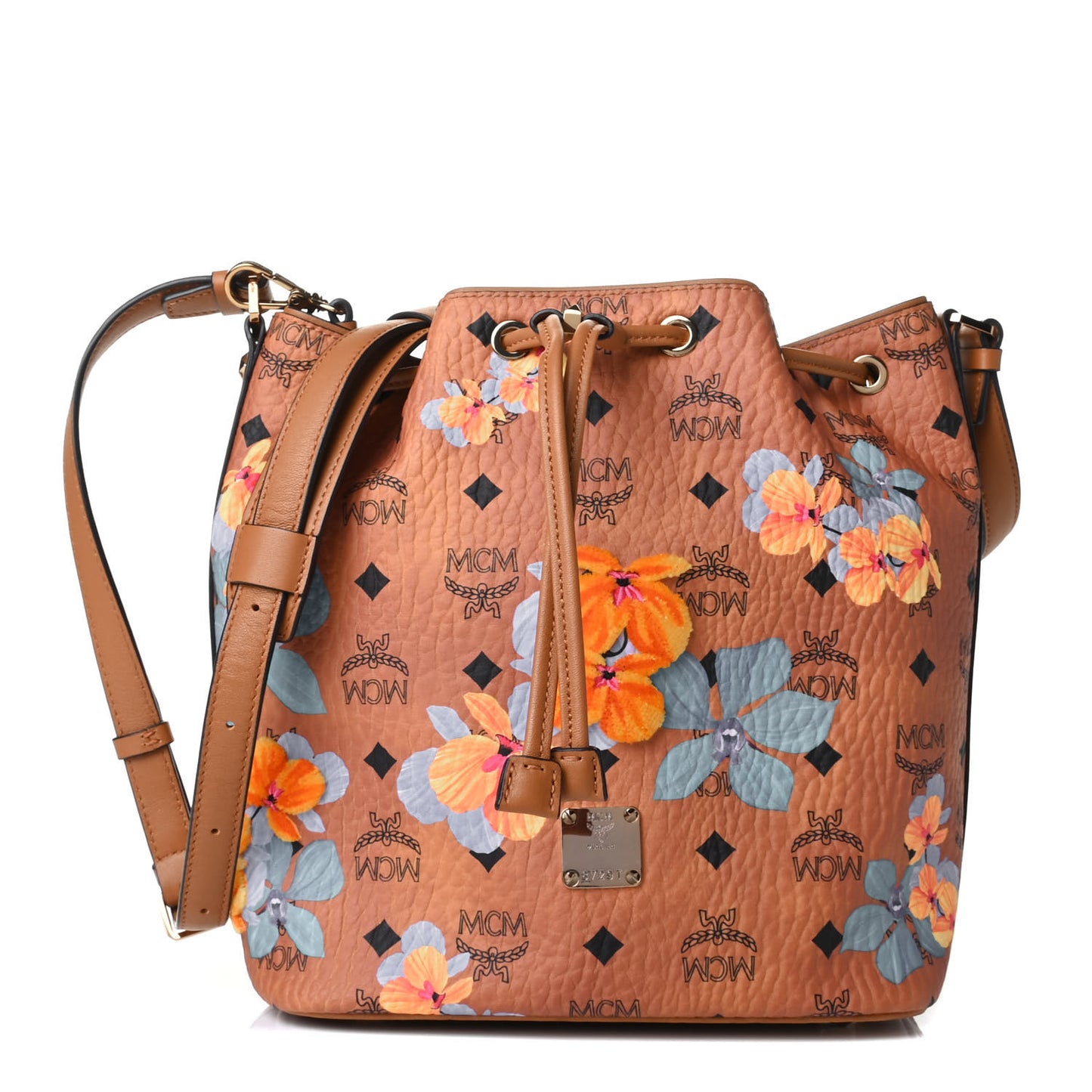 Visetos Floral Print Small Drawstring Bucket Bag Cognac