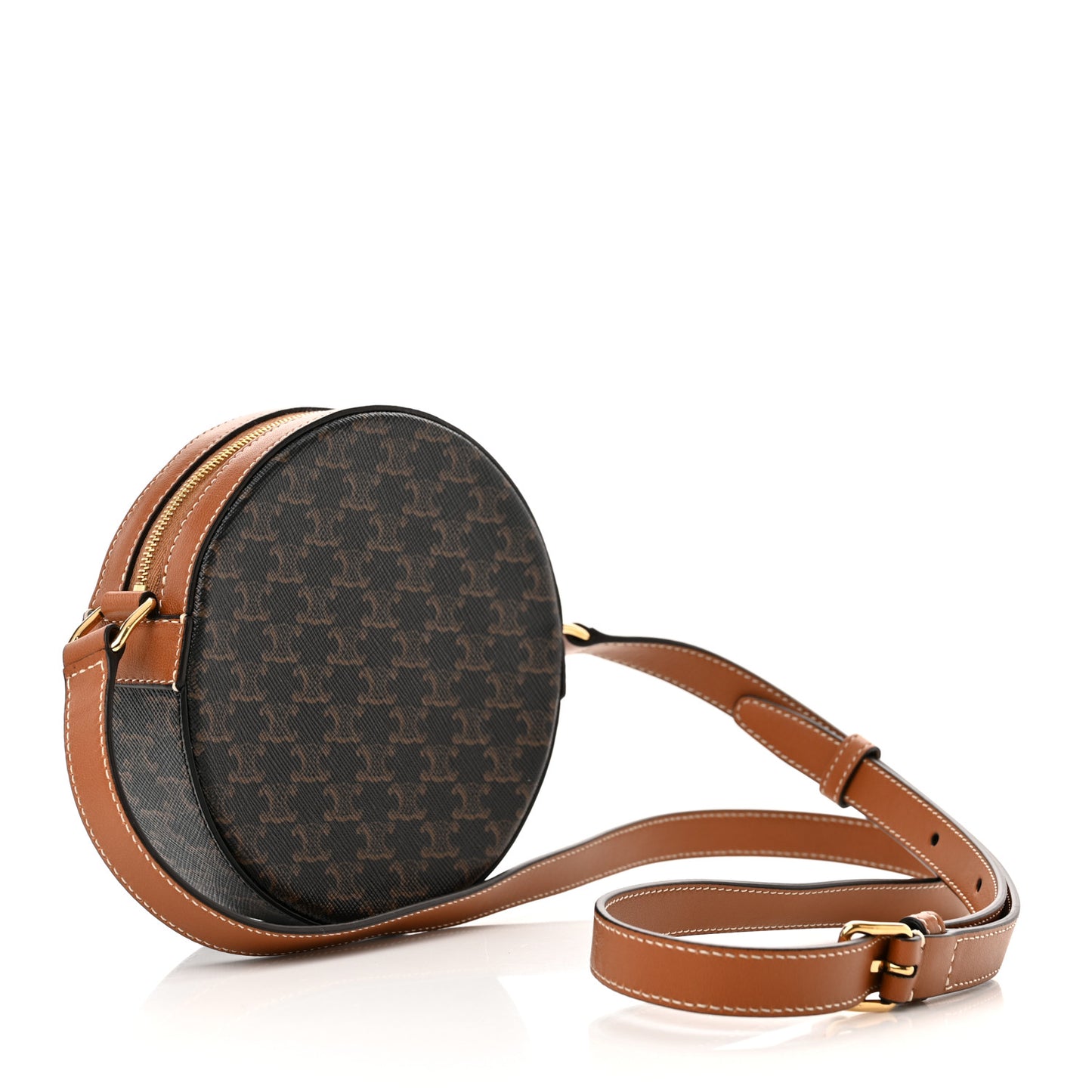 Lambskin Triomphe Canvas Round Purse On Strap Black Tan