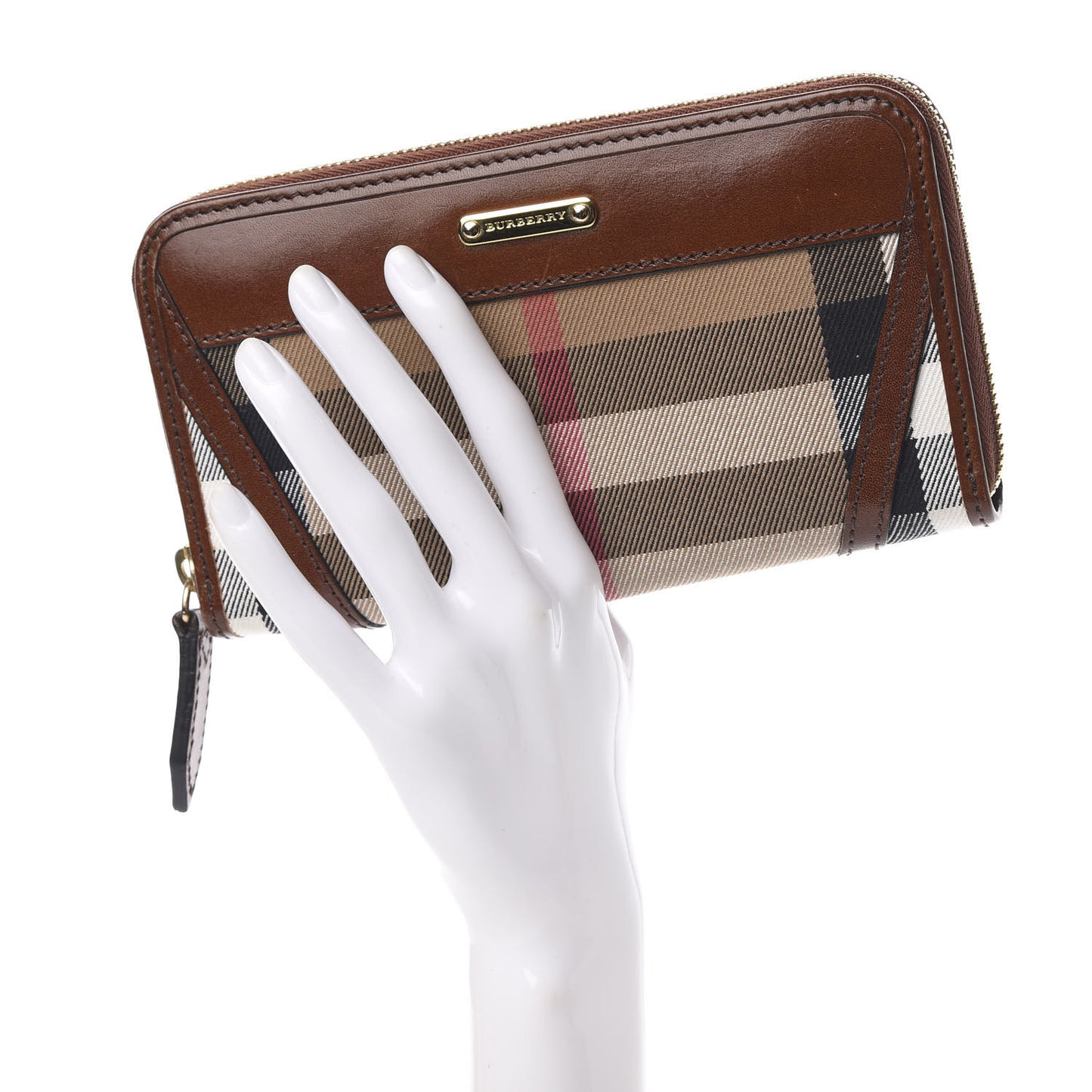 House Check Bridle Calfskin Ziggy Zip Around Wallet Dark Tan