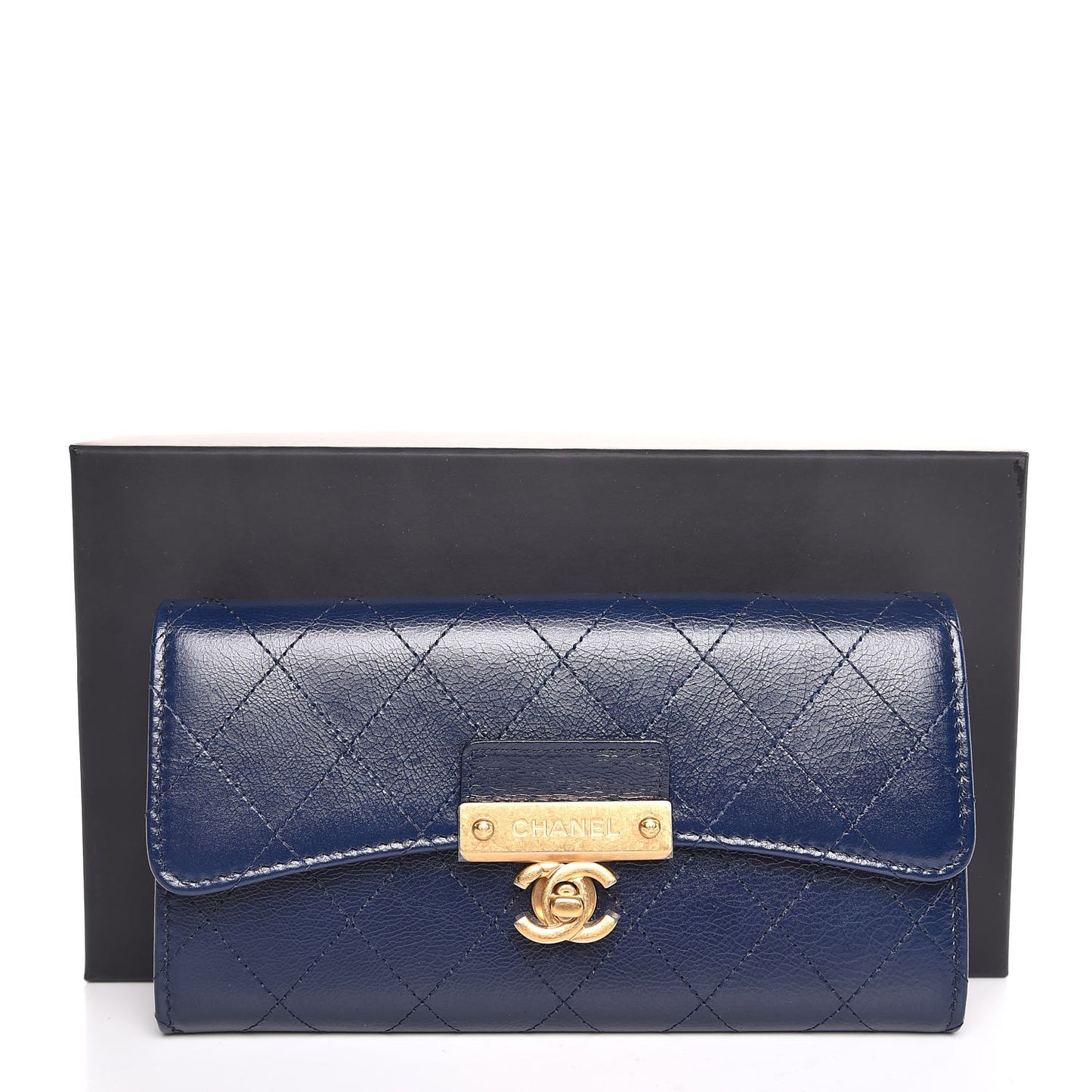 Goatskin Stitched Golden CC Flap Wallet Navy
