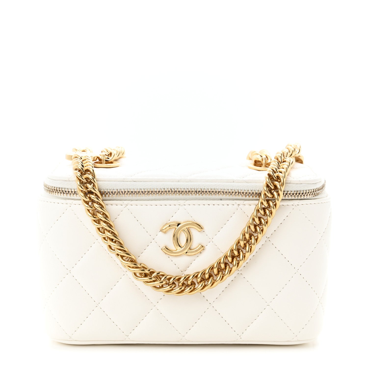 Chanel Lambskin Enamel Quilted Logo Small Vanity Case With Chain White 1 of 10