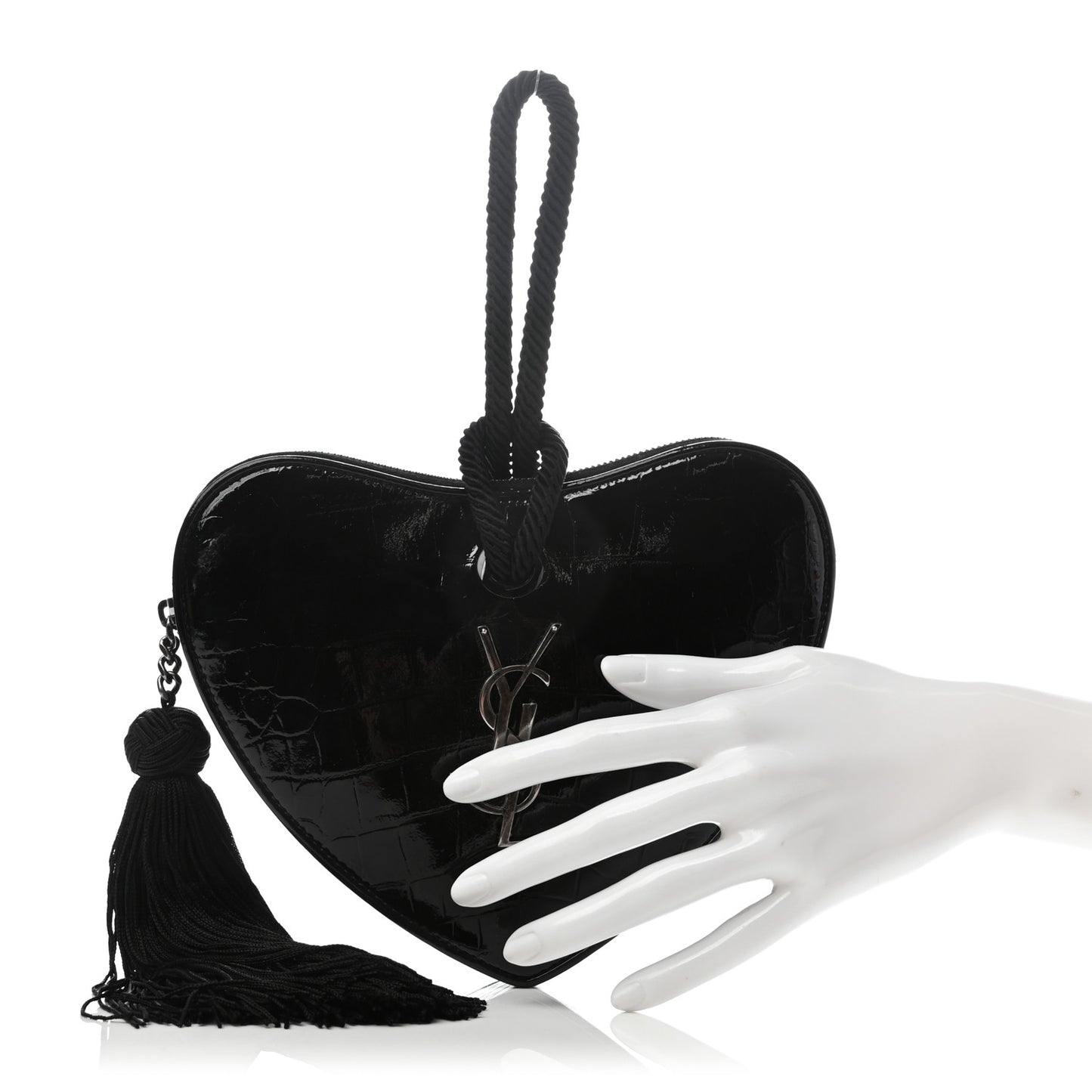 Patent Crocodile Embossed Sac Coeur Heart Shaped Clutch Black